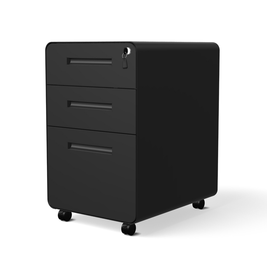 Caisson à roulettes DESKSPACE noir – Vue détourée avec 3 tiroirs et roulettes sur fond blanc