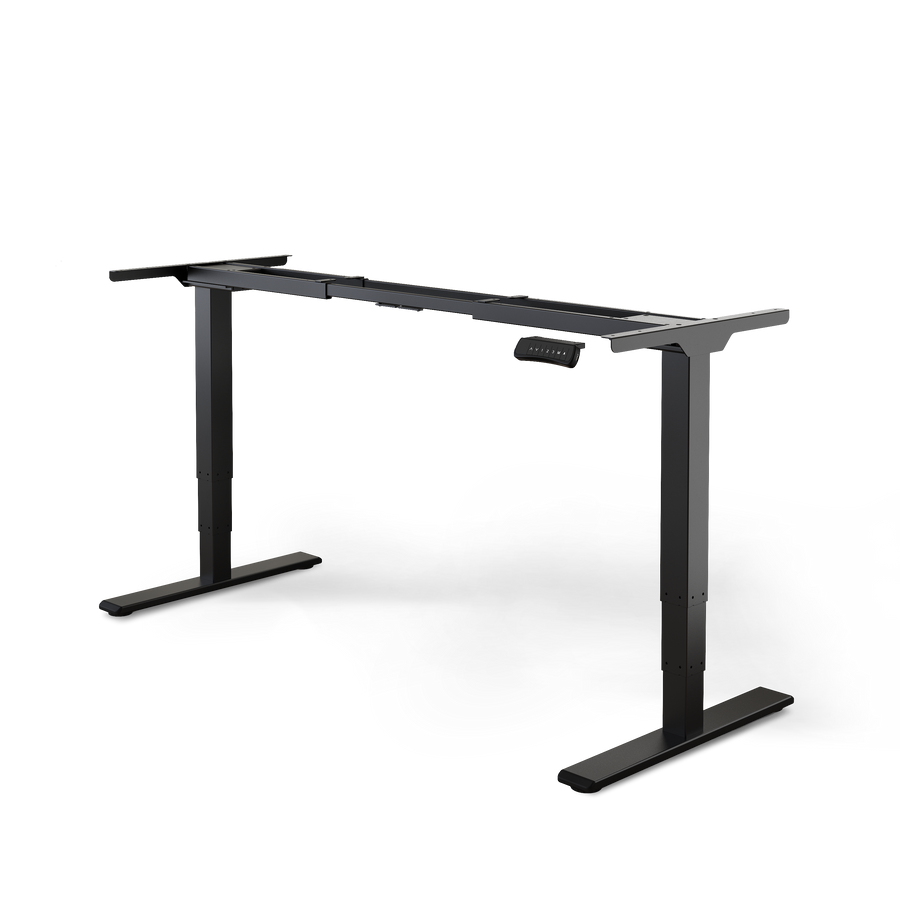 Elektrisch höhenverstellbarer Schreibtisch DESKSPACE PRO PLUS mit Schwarzem Gestell und Weißer Tischplatte in der Frontalansicht freigestellt vor weißem Hintergrund